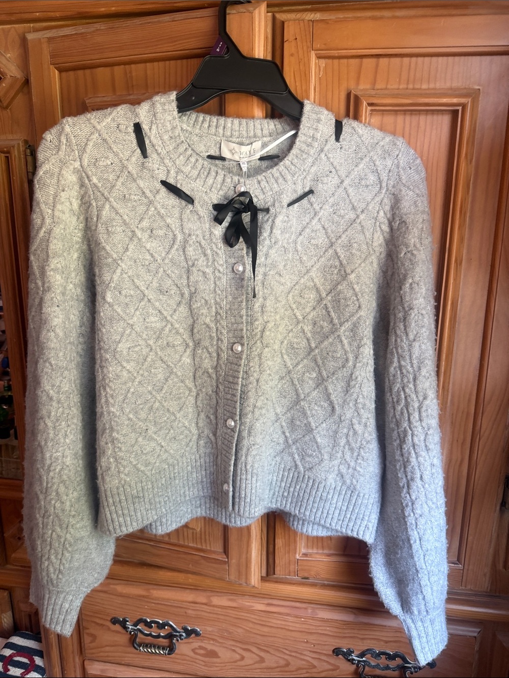Wayf Light Gray Cable Knit Cardigan with Ribbon Detail and pearl buttons NWT